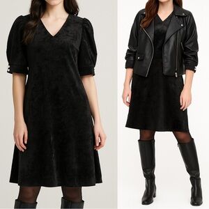 8SECONDS Black Velvet Swing Dress Medium V-Neck Puff Sleeve Pearls Dark Romantic